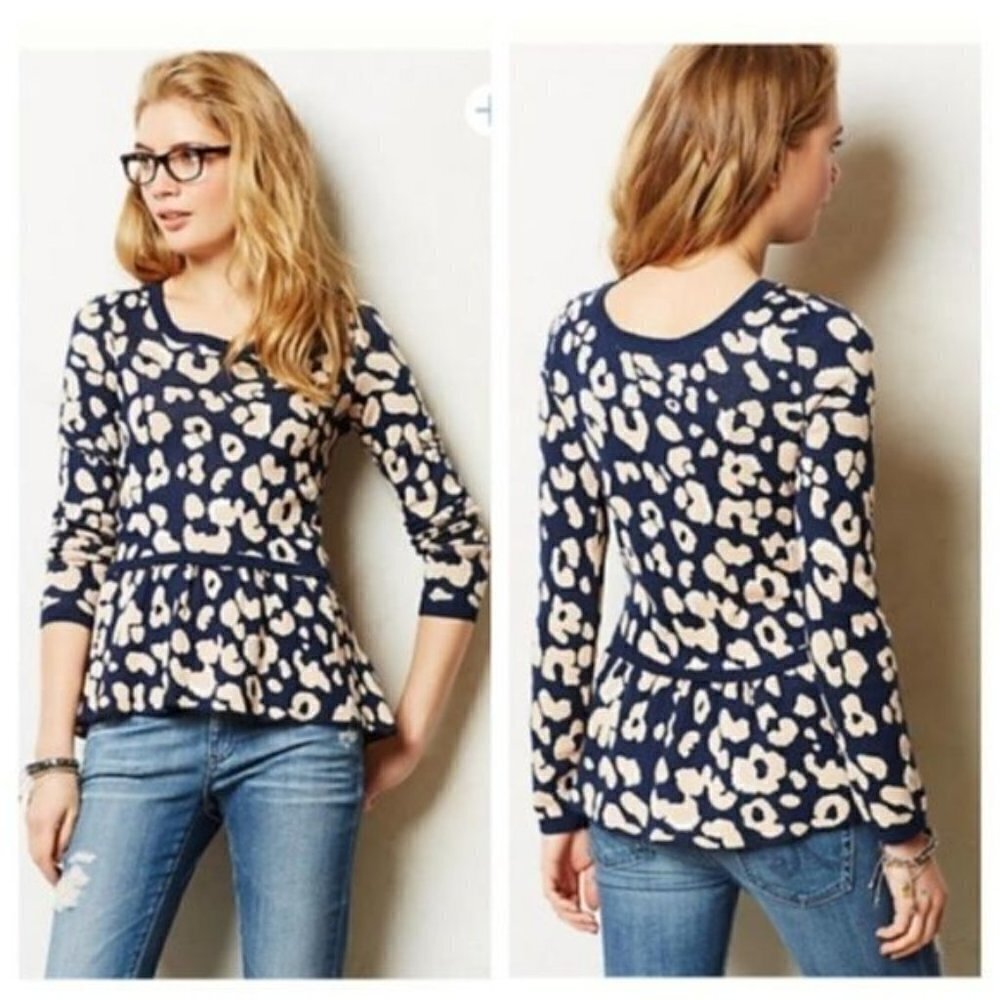 MOTH Anthropologie Blue Leopard Peplum Sweater
